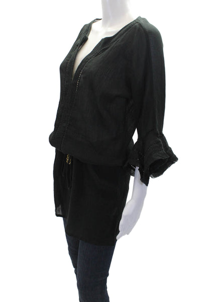 Vix Paula Hermanny Womens Cotton Sheer Ruffle Detail Top Solid Black Size S