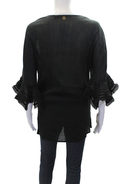 Vix Paula Hermanny Womens Cotton Sheer Ruffle Detail Top Solid Black Size S