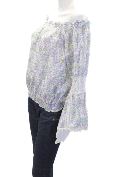 Temptation Womens Textured Scoop Neck Long Sleeve Floral Top White Size M