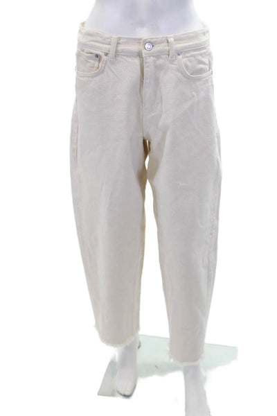 Zara Womens Cotton Zip Button Wide Leg Causal Pants Cream Size 06