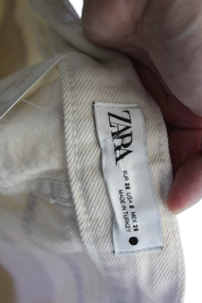 Zara Womens Cotton Zip Button Wide Leg Causal Pants Cream Size 06