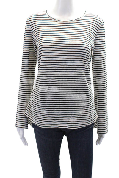 Frame Womens Cotton Striped Print Round Neck Long Sleeve Top White Black Size S