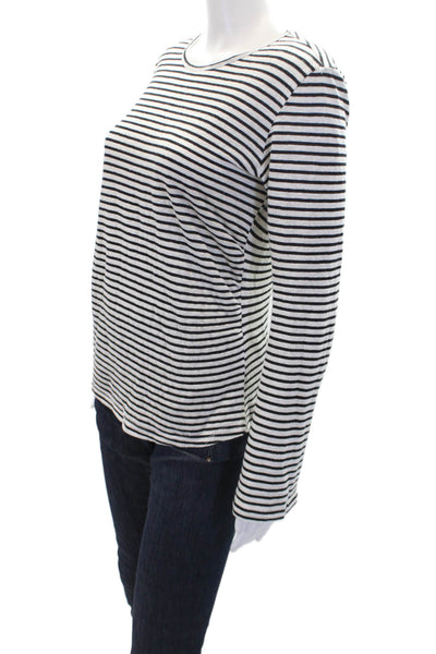 Frame Womens Cotton Striped Print Round Neck Long Sleeve Top White Black Size S