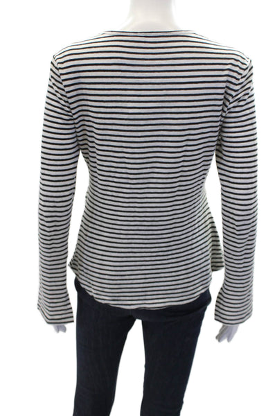 Frame Womens Cotton Striped Print Round Neck Long Sleeve Top White Black Size S