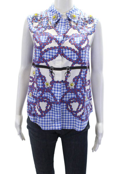 Mary Katrantzou Womens Check Print Embellished Sleeveless Button Up Blue Size 4