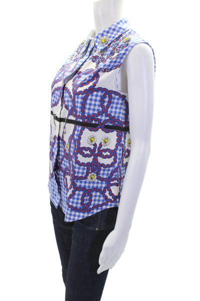 Mary Katrantzou Womens Check Print Embellished Sleeveless Button Up Blue Size 4