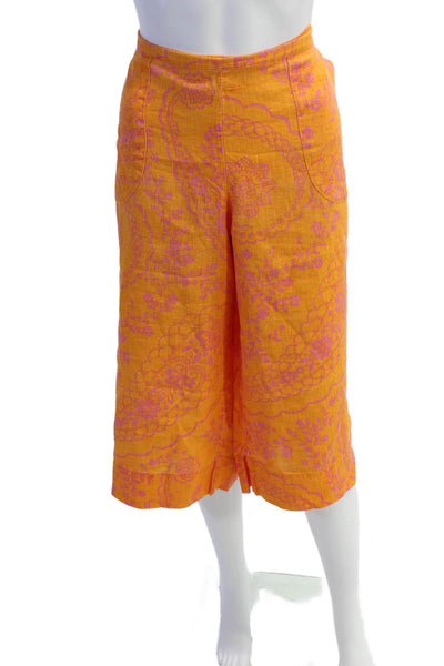 Flax Womens Linen Floral Print Pocketed Wide Leg Capri Pants Orange Size M