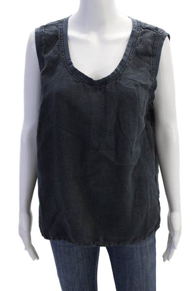 Flax Womens Linen Sleeveless Wide Hem Detail Round Neck Blouse Dark Blue Size L