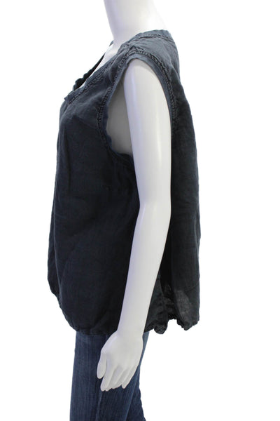 Flax Womens Linen Sleeveless Wide Hem Detail Round Neck Blouse Dark Blue Size L
