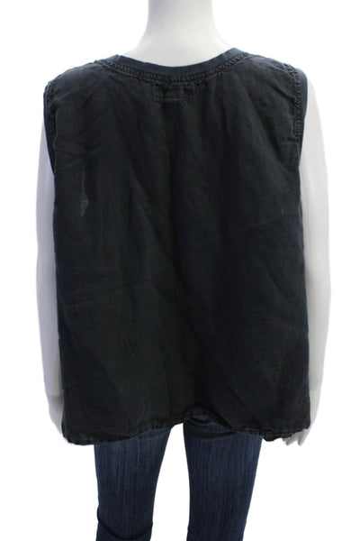 Flax Womens Linen Sleeveless Wide Hem Detail Round Neck Blouse Dark Blue Size L