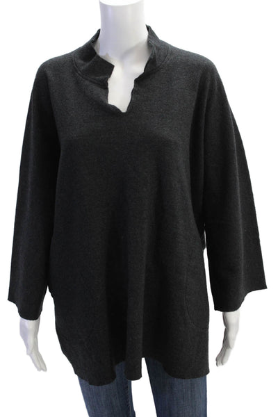 Eileen Fisher Womens Wool Notched Neckline Pocketed Sweater Dark Gray Size M