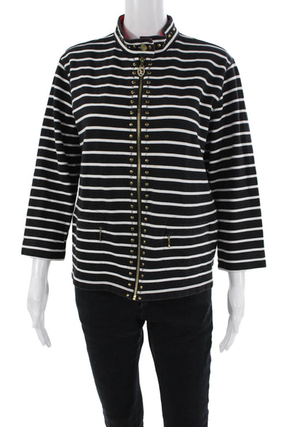 Christine Alexander Womens Front Zip Mock Neck Striped Jacket Black White Large
