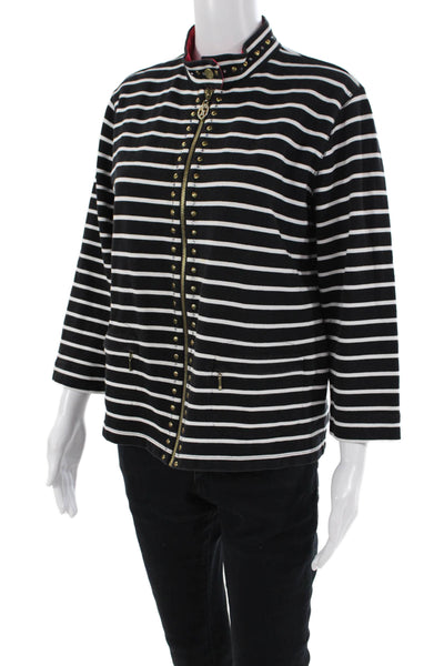 Christine Alexander Womens Front Zip Mock Neck Striped Jacket Black White Large