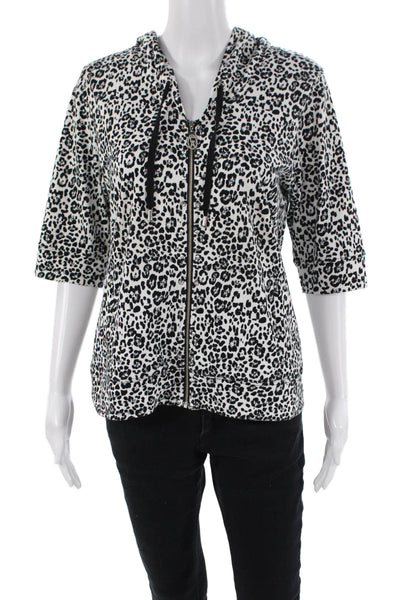 Christine Alexander Womens Zip Up Leopard Print Knit Jacket White Black Medium