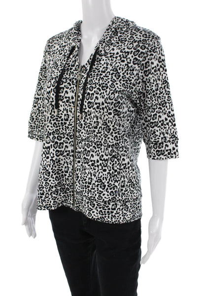 Christine Alexander Womens Zip Up Leopard Print Knit Jacket White Black Medium