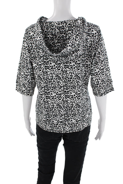 Christine Alexander Womens Zip Up Leopard Print Knit Jacket White Black Medium