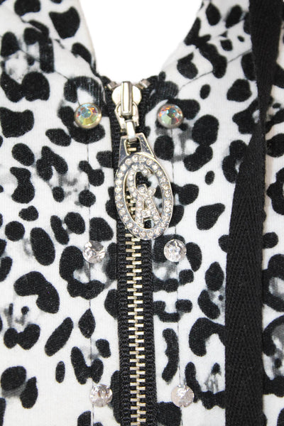 Christine Alexander Womens Zip Up Leopard Print Knit Jacket White Black Medium