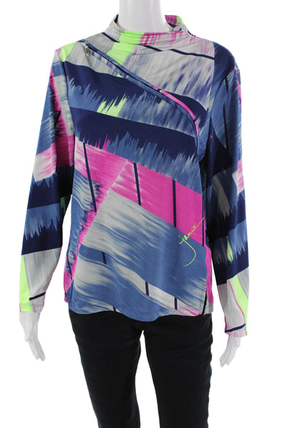 Jamie Sadock Womens Long Sleeve Mock Neck Abstract Knit Top Navy Gray Medium
