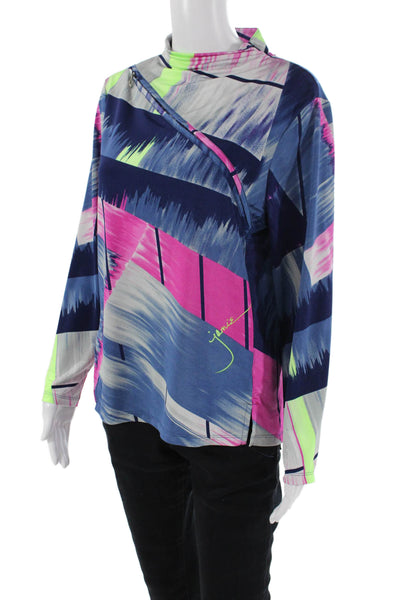 Jamie Sadock Womens Long Sleeve Mock Neck Abstract Knit Top Navy Gray Medium