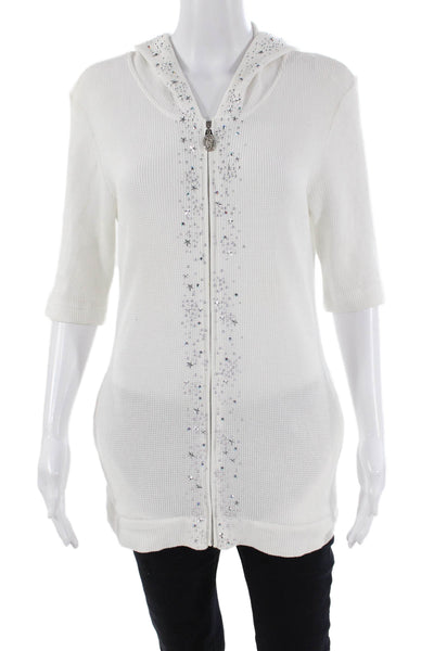 Christine Alexander Womens Front Zip Embellished Waffle Knit Top White Large