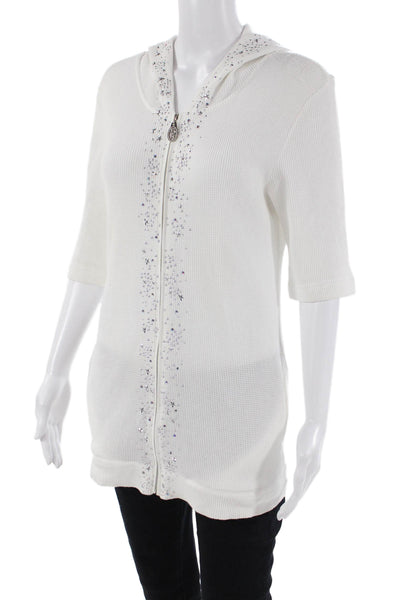 Christine Alexander Womens Front Zip Embellished Waffle Knit Top White Large