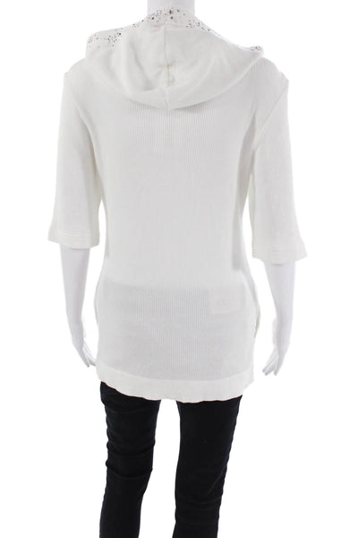 Christine Alexander Womens Front Zip Embellished Waffle Knit Top White Large