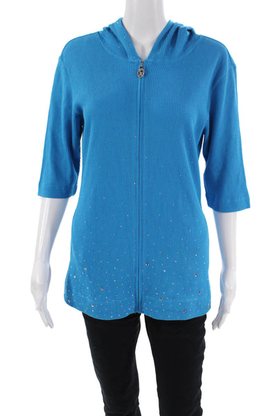 Christine Alexander Womens Front Zip Waffle Knit Hooded Top Blue Size Large