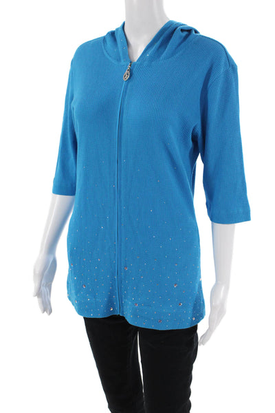 Christine Alexander Womens Front Zip Waffle Knit Hooded Top Blue Size Large