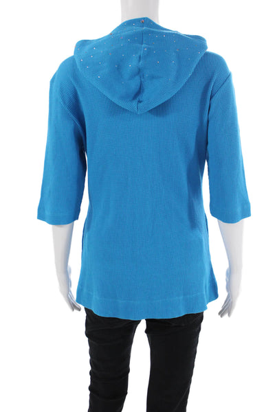 Christine Alexander Womens Front Zip Waffle Knit Hooded Top Blue Size Large