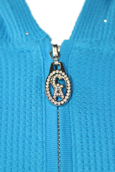 Christine Alexander Womens Front Zip Waffle Knit Hooded Top Blue Size Large