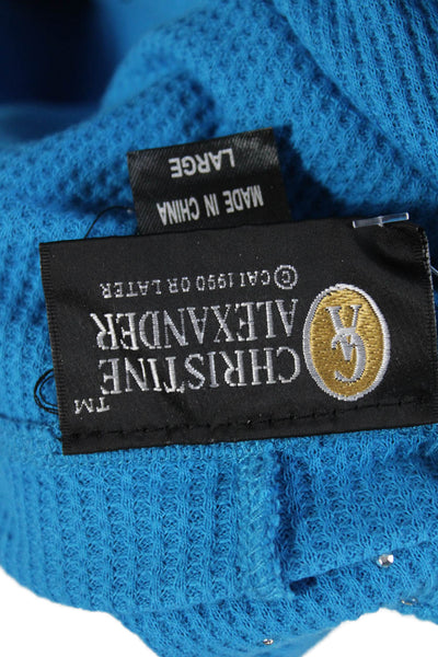 Christine Alexander Womens Front Zip Waffle Knit Hooded Top Blue Size Large