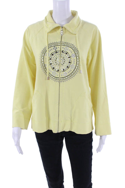 Christine Alexander Womens Front Zip Mock Neck Embellished Jacket Yellow Large