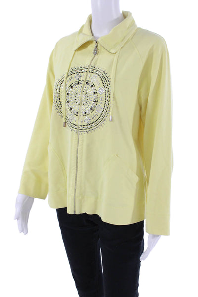 Christine Alexander Womens Front Zip Mock Neck Embellished Jacket Yellow Large