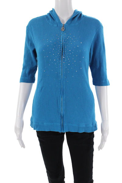 Christine Alexander Womens Front Zip Short Sleeve Hooded Top Blue Size Large