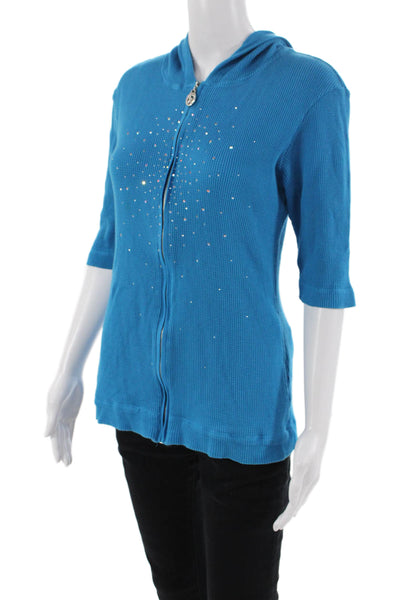 Christine Alexander Womens Front Zip Short Sleeve Hooded Top Blue Size Large