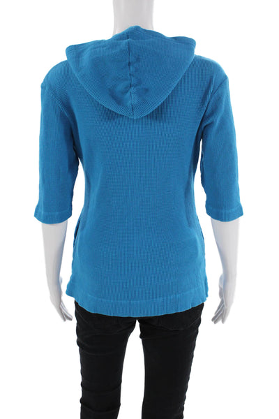 Christine Alexander Womens Front Zip Short Sleeve Hooded Top Blue Size Large