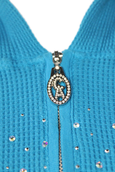 Christine Alexander Womens Front Zip Short Sleeve Hooded Top Blue Size Large