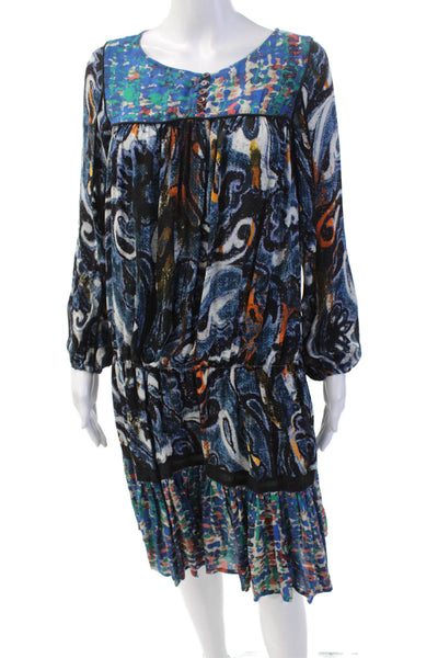 Try B Womens 3/4 Sleeve V Neck Abstract Silk Dress Blue Multi Size Extra Small