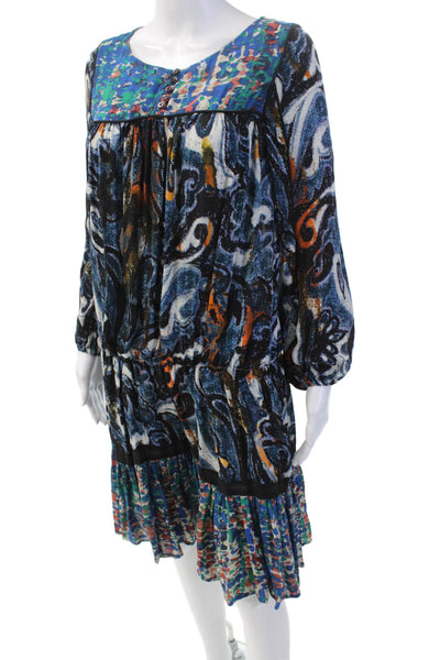 Try B Womens 3/4 Sleeve V Neck Abstract Silk Dress Blue Multi Size Extra Small