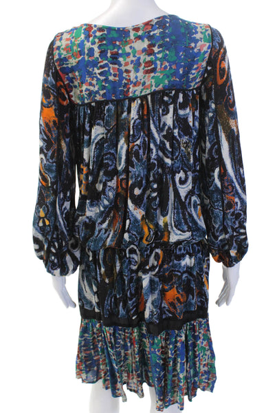 Try B Womens 3/4 Sleeve V Neck Abstract Silk Dress Blue Multi Size Extra Small