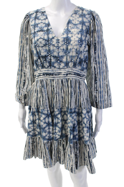 Not So Serious Womens Back Zip 3/4 Sleeve Abstract Dress Blue White Size Small