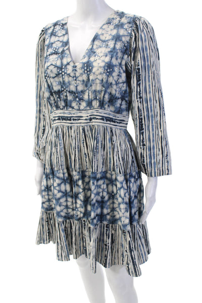 Not So Serious Womens Back Zip 3/4 Sleeve Abstract Dress Blue White Size Small