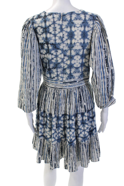 Not So Serious Womens Back Zip 3/4 Sleeve Abstract Dress Blue White Size Small