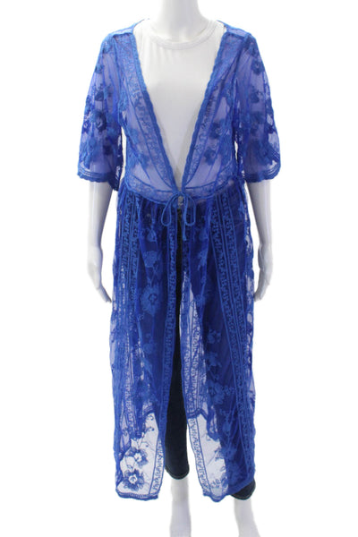 Designer Womens Tie Front Floral Embroidered Long Robe Blue Size OS