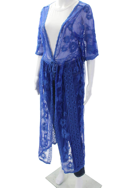 Designer Womens Tie Front Floral Embroidered Long Robe Blue Size OS