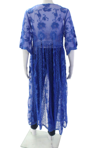 Designer Womens Tie Front Floral Embroidered Long Robe Blue Size OS