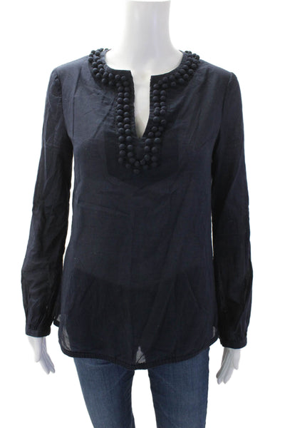 Tory Burch WOmens Cotton V-Neck Long Sleeve Pullover Blouse Top Navy Size 2