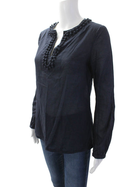 Tory Burch WOmens Cotton V-Neck Long Sleeve Pullover Blouse Top Navy Size 2