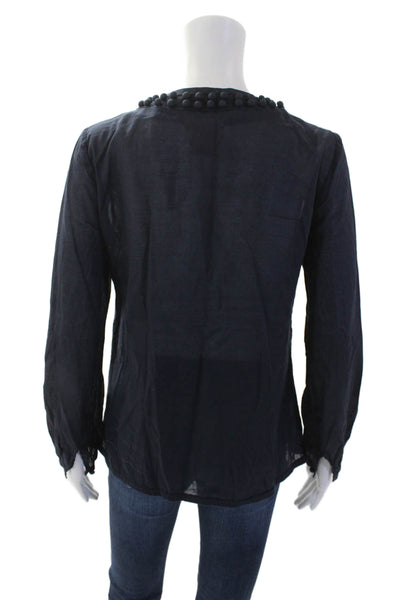Tory Burch WOmens Cotton V-Neck Long Sleeve Pullover Blouse Top Navy Size 2