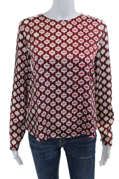 MNG Womens Printed Crew Neck Long Sleeve Blouse Top Red Multi Size 4